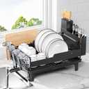 Urackify Dish Drying Rack for Kitchen Counter, Countertop Dish Rack with Drainboard, Multifunctional Dish Drainer with Cups Holder & Cutting Board, Home Plate Storage Rack with Cutlery Holder, Black