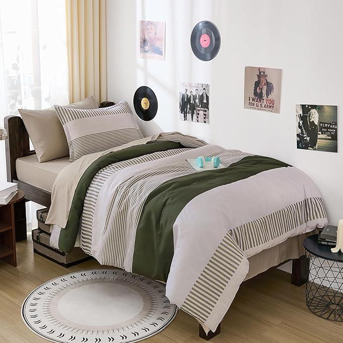 Twin Size Comforter Olive Green Striped Comforters for Boys&Girls,5 Pieces Bed in A Bag Simple Neutral-Style Bedding Sets for Kids Teen