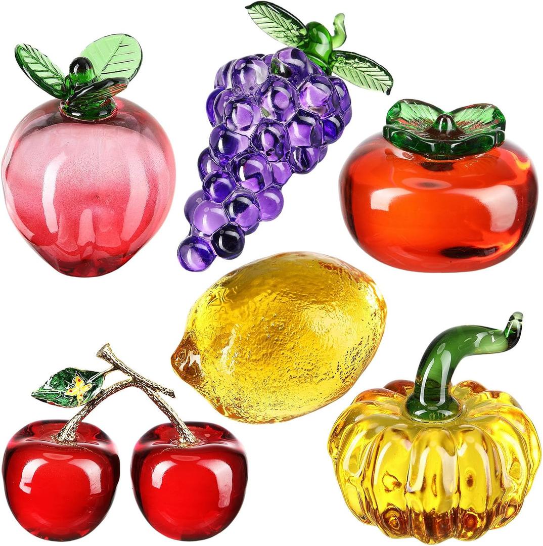 Reallnaive 6 Pcs Crystal Glass Fruit Decor Cherry Grape Persimmon Lemon Pumpkin Peach Figurine Collectibles Hand Blown Glass Fruit Decoration for Home Decor Gift for Wedding Birthday Wedding, 3.151.971.97 inches