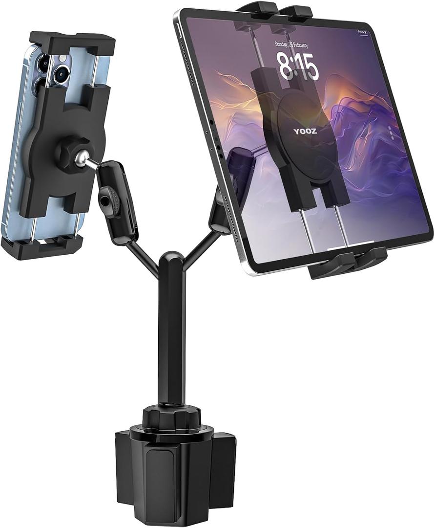 Dual Car Tablet Mount for Cup Holder [Double Device Clamp] Truck Cupholder Tablet Holder with Adjustable Metal Arm for iPad Mini Air Pro, Galaxy Tab, Surface, Fire, Phone, 4-12.9"