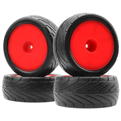 4Pack ShareGoo RC 85mm/3.34" Rubber Tires Front Rear Tyres 12mm Hex Wheel Compatible with Redcat HPI HSP Kyosho 1/10 RC Off-Road Car Buggy (Red)