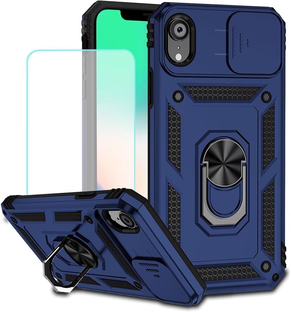 Case for iPhone XR Case with Tempered Glass Screen Protector and Slide Camera Cover, 360 Rotate Ring Stand Magnetic Cover for iPhone XR Blue