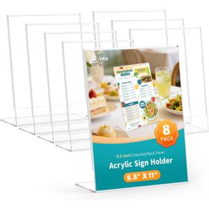 Dynta Acrylic Sign Holder 8.5 x 11 Inches, 8 Pack Clear Plastic L-shape Vertical Paper Holder, Table Display Stand for Event, Office, Store, Business, Party