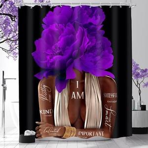Purple Shower Curtain 60Wx72H African American Lady Woman Positive Bathroom | Peony Flower Black Girl Floral Inspirational Quote Afro Bath Curtain Set Waterproof Bathroom Accessories Decor 12 Hooks