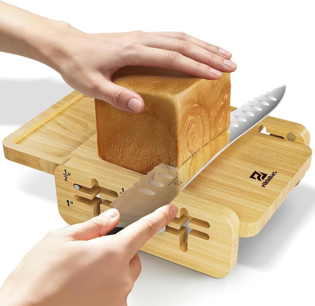 Bread Slicer With Bread knife, World's 1st Horizontal Bread Cutter for Homemade Bread, 4 Thickness Adjustable, Paired With Multifunction Serrated Knife for Efficient Slicing, Baking Gifts