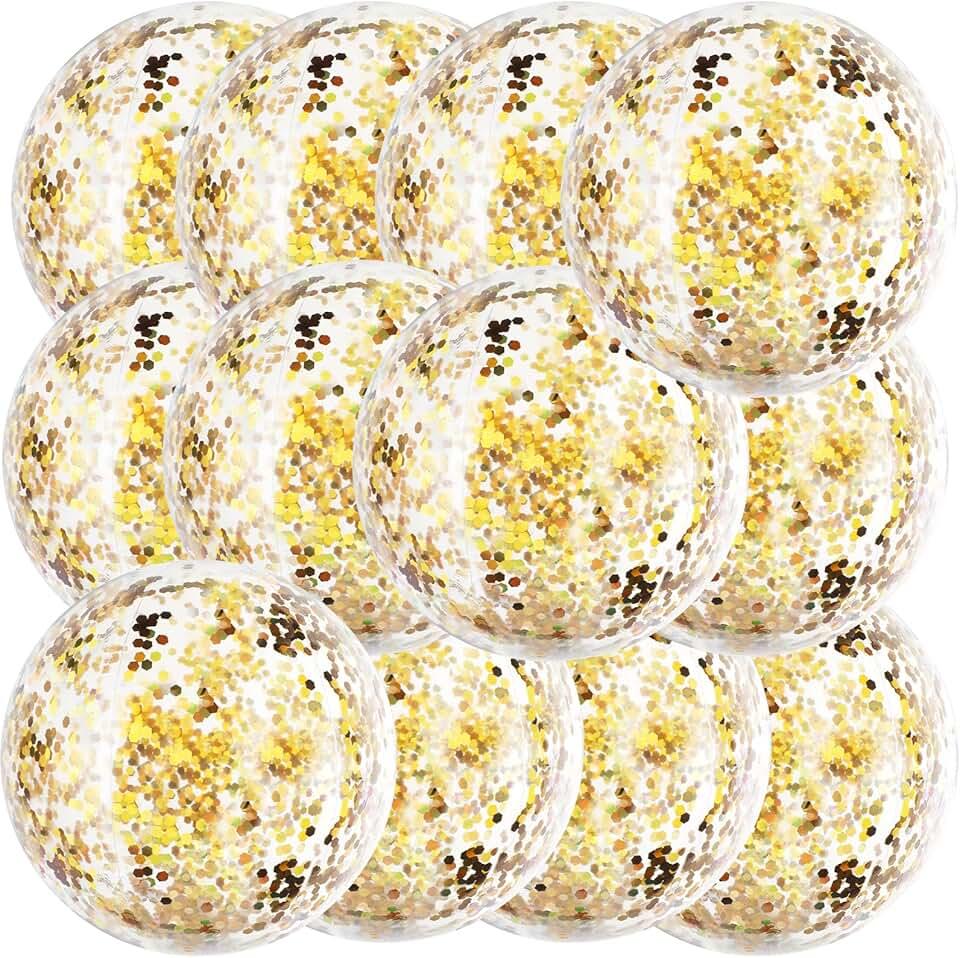 QOUBAI 12 Pack Gold Glitter Beach Balls 16" Large Inflatable Sparkly Confetti Pool Balls Glitter Swimming Pool Toys PVC Jumbo Sport Ball for Summer Hawaiian Wedding Baby Shower Birthday Party Favor