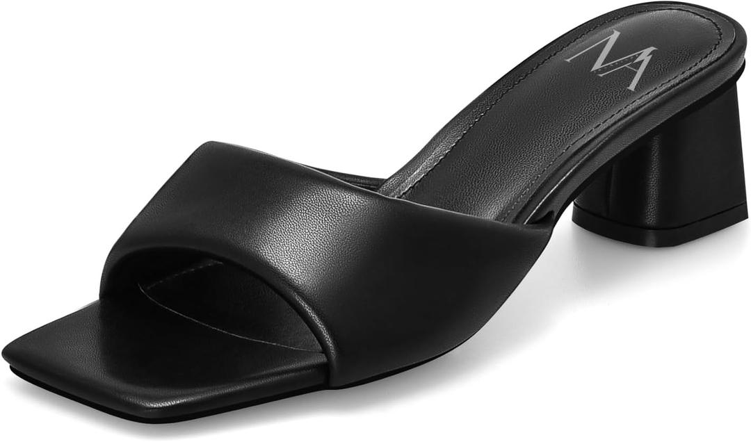 MIRAAZZURRA Heel Mules for Woman Square Open Toe Chunky Block Short Low Heel Slip on Heeled Sandals Casual Comfort Party Shoes (Black) 7