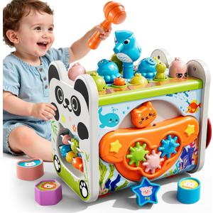 6-in-1 Montessori Toys for 3 Year Old, Hammering Pounding Toy with Xylophone, Number Maze, Spinning Gear, Shape Sorting, Spinning Fun, Birthday Gifts for Boys Girls 2+ Year Old