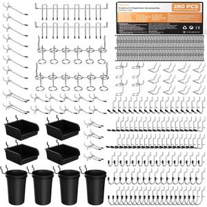 INCLY 280PCS Upgraded Pegboard Accessories Organizer Kit, Peg Board Hooks Assortment with Bins & Cups for Organizing Tools, Fit 1/8 or 1/4 inch Pegboard for Garage Workshop Wall Hanging Tools