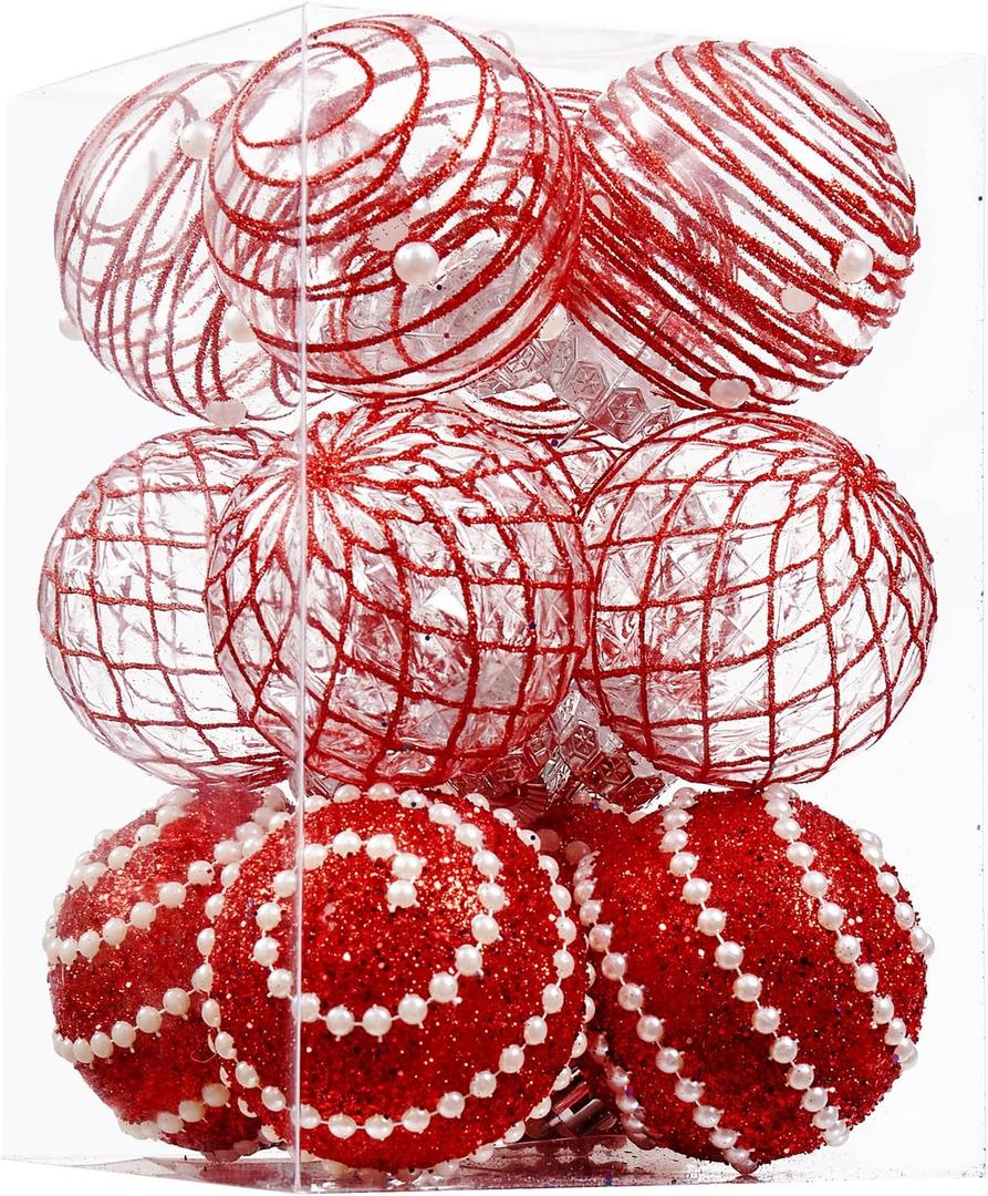 12CT Christmas Ball Ornaments Red Shatterproof Clear Large Plastic Christmas Tree Decoration, Delicate Hanging Ornaments for Xmas Party, Wedding, Holiday and Home Dcor(70mm/2.76")