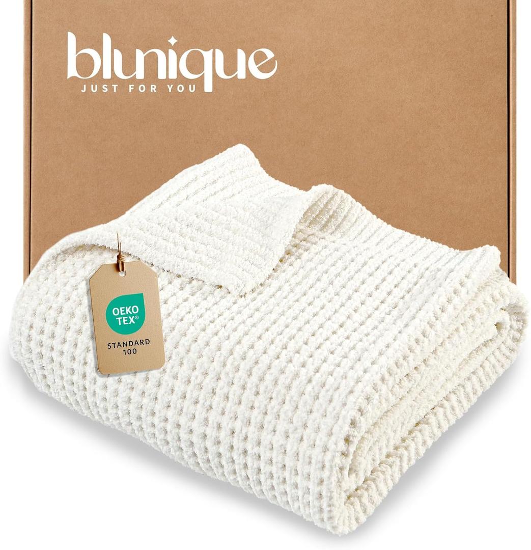 New - blunique Chunky Cozy Knit Throw Blanket, 100% Cotton Decorative Knit Throw for Couch Sofa Bed, 50"x60", Linen