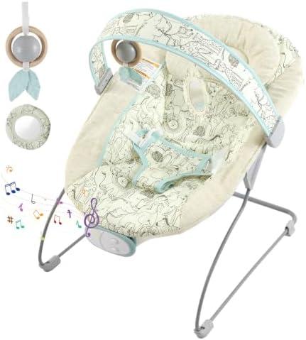 Portable Baby Bouncer for Infants,Foldable Baby Bouncer Seat,0-6M,0-20lb | 8 Melodies Music,3 Vibration Levels & Adjustable Volume,3-Point Harness,Machine Washable,Sensory Toys,Indoor & Outdoor Use