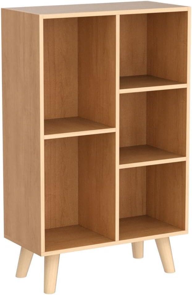 IOTXY Wooden Open Shelf Bookcase - 3-Tier Floor Standing Display Cabinet Rack with Legs, 5 Cubes Bookshelf, Pear Yellow, 50CM