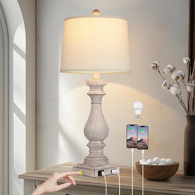 Table Lamp Rustic Farmhouse Table Lamp for Living Room Bedroom, Bedside Desk Lamp for End Tables, Touch Lamp for Nightstand, Bulb Included,, Antique White