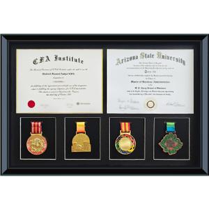 16.93X24.8"Solid Wood Graduation Photo Frame, Double Certificate /Diploma Frame 8.5 x 11", 4 Medal Display Case,glass with acid-free mat,holds two 8.5x11 certificates,degrees, documents and 4 medals.