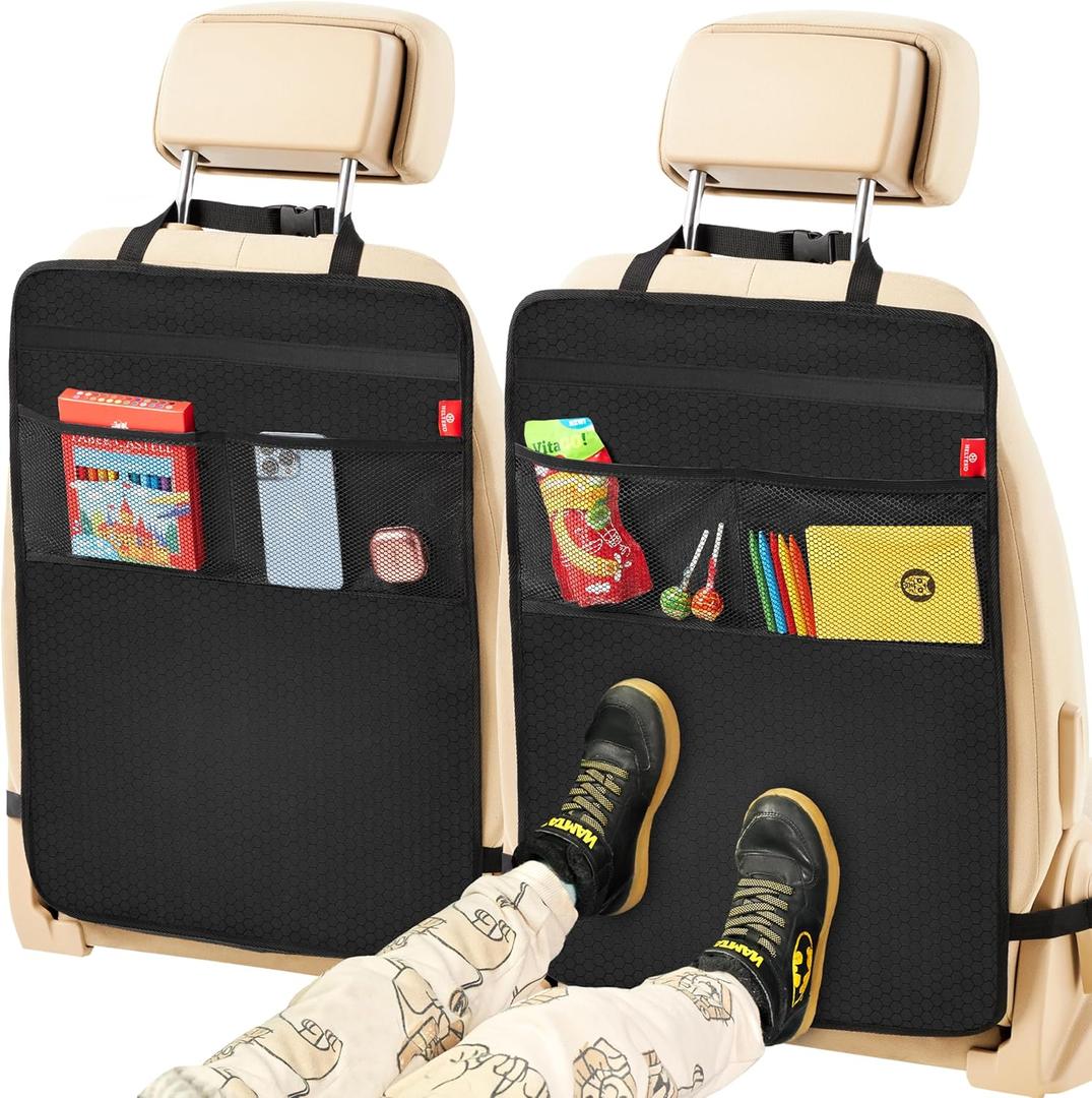 Back Seat Protector for Car, 2 Pack Premium Kick Mats for Kids, Extra Large Car Seat Cover for Backseat with Mesh Pockets, Waterproof Dirt & Mud Protection, Travel Accessories