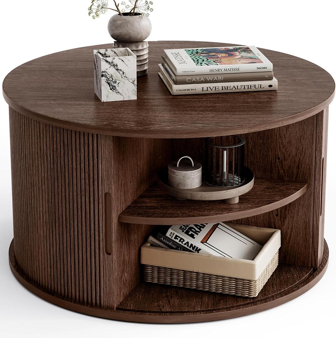 LINSY HOME Round Coffee Table, 31.5" Drum Coffee Table with Sliding Tambour Door, Fluted Accent Center Table with Storage, Mid Century Modern Coffee Table for Living Room, Walnut