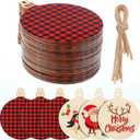 Jetec 96 Pieces Wooden Christmas Ornament 48 Pieces Predrilled Wood Slices 48 Pieces Twine Round Wooden Discs with Holes Unfinished Buffalo Plaid Blank for DIY Tree Decoration (Black-Red)