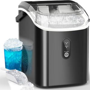 Kndko Nugget Ice Maker Countertop, Portable Crushed Pebble Ice Machine, Self Cleaning Ice Makers with One-Click Operation, Soft Chewable Ice in 6 Mins, 35Lbs/24H with Ice Scoop for Home Bar Camping RV (Stainless Steel Black)