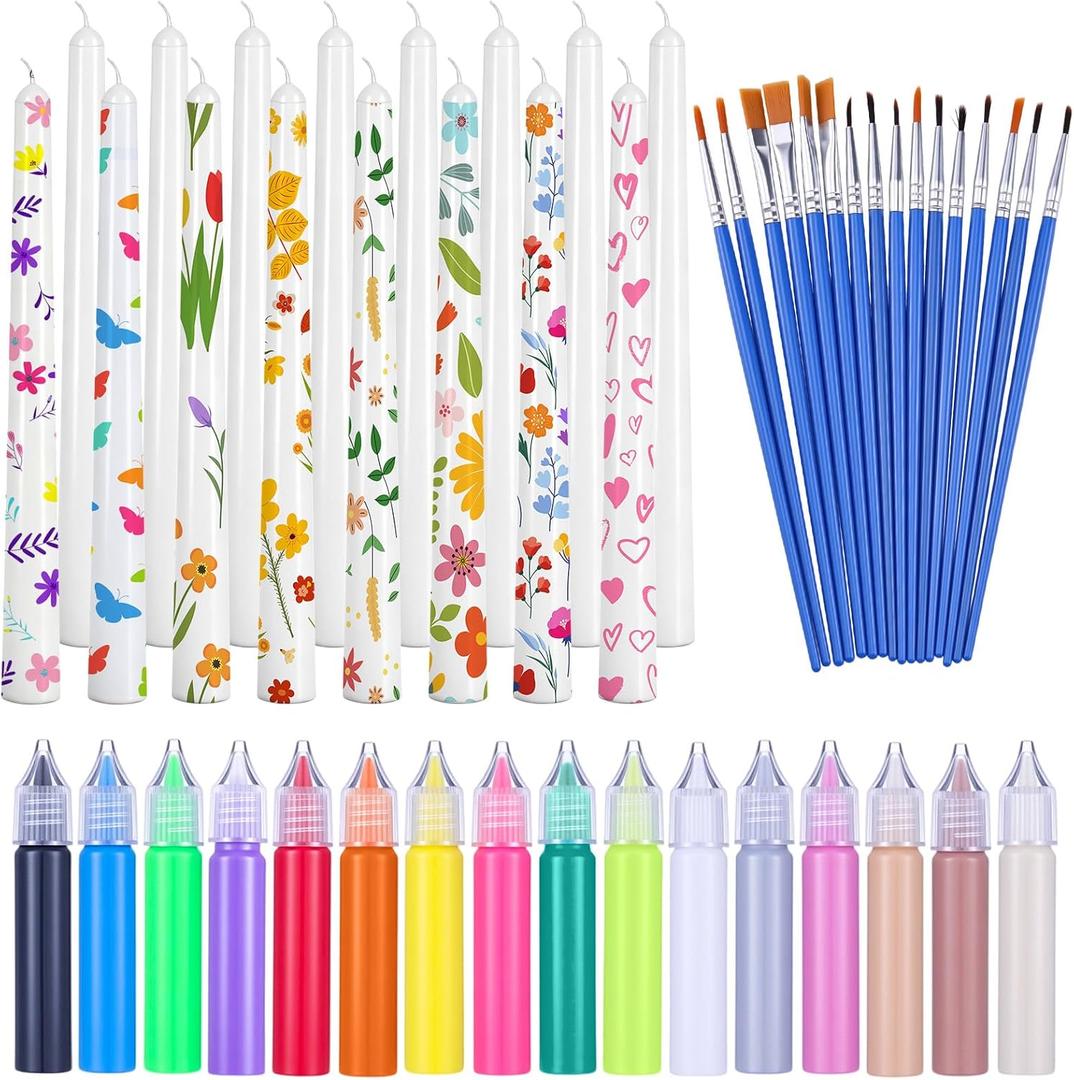 MTLEE 48 Pcs DIY Candle Painting Kit Include 16 White Taper Candles 16 Vibrant Colors Candle Wax Pen 16 Paint Brushes for DIY Crafts Festival Birthday Wedding Party Favors(9.8'')