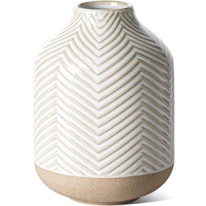Small Boho Vase for Decor,Rustic Farmhouse Vase for Pampas Grass,Eucalyptus Set and Tiny Stem Flowers,Ceramic for Centerpieces, 5.3 Inch,Wave-Arctic White
