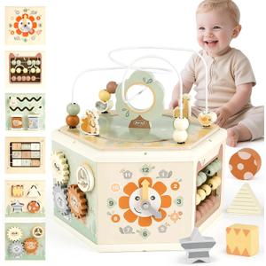 Joyreal Wooden Activity Cube - 11-in-1 Montessori Toys for 1+ Year Old Boys & Girls, Early Developmental Learning Toys for Toddlers and Kids, Ideal 1st Birthday Gift Toys for Baby(Animal Theme)