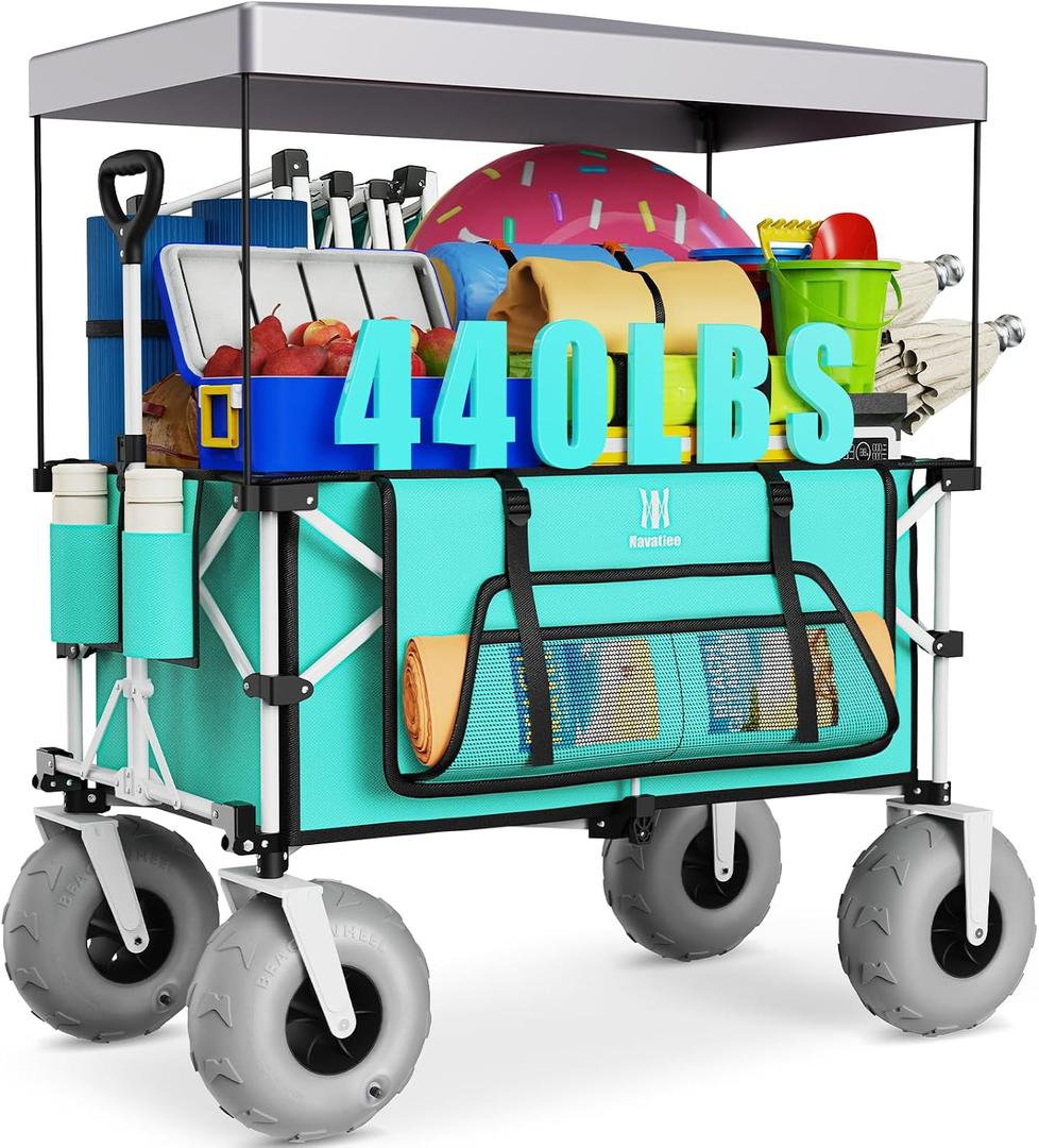 Navatiee Beach Wagon with Big Balloon Wheels for Sand, 200L Extra Large Beach Cart with Canopy, 440Lbs Heavy Duty Folding Wagon Collapsible with 9" Tires & Side Pocket for Beach, Outdoor, Light Blue