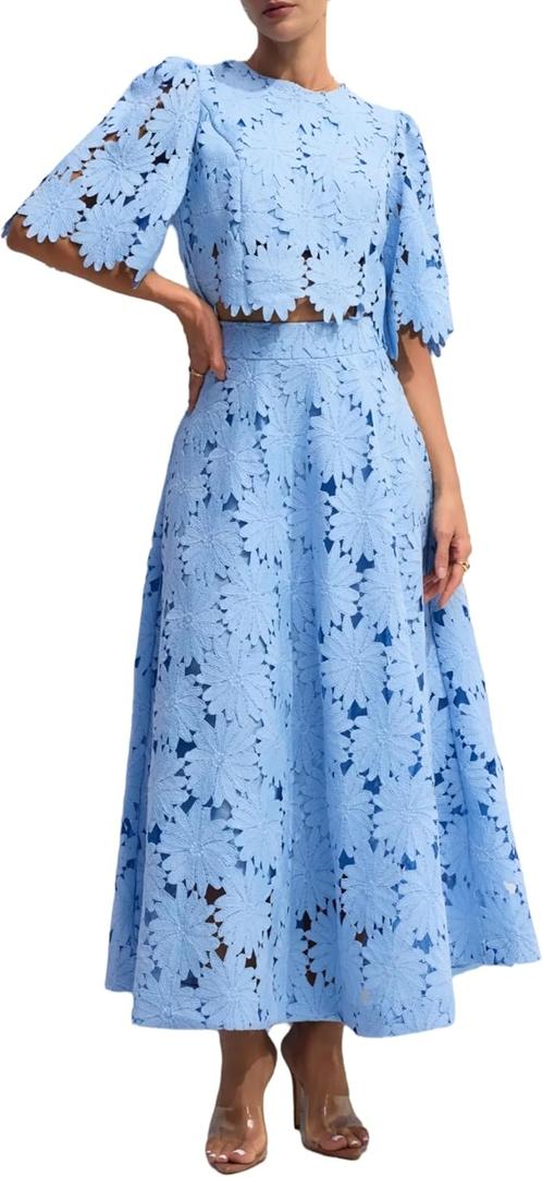 NIFTRIRY Two Piece Sets for Women Dressy Solid Color Embroidered Short Sleeve Crop Top and Maxi Skirt Suit Summer outfits (Large, Blue)