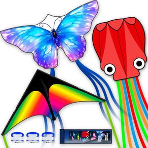 3 Piece Set Butterfly Delta Octopus Kites for Kids and AdultsEasy to Fly for Outdoor Adults Children Line Kite for Kids Toy (Gradient Grassland Rainbow+Octopus Red+Blue Dreamy Butterfly, 3)