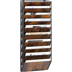 TQVAI 10-Pocket Hanging Wall File Organizer - Metal Folding Wall Mounted Mail Document Holder, Multi-Purpose Clipboard Storage Rack for Office, Homeschool, Classroom Organization, Black/Vintage