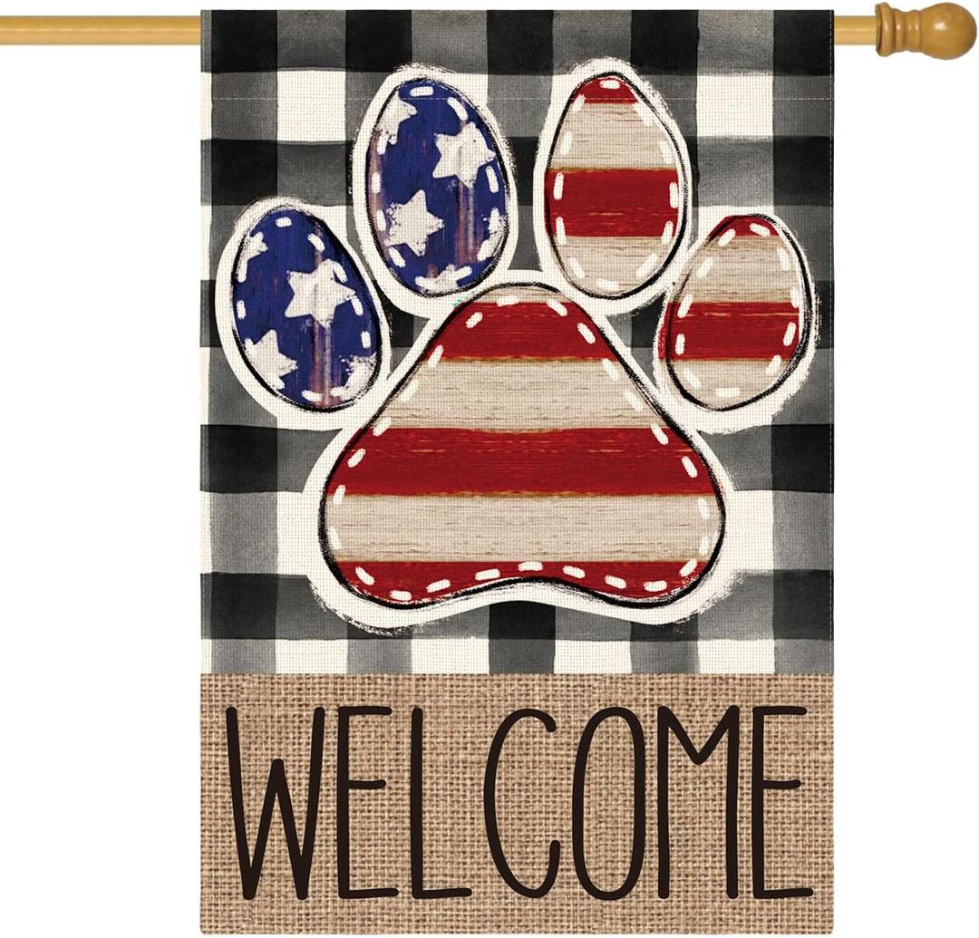 AVOIN colorlife American Flag Paw Print Patriotic 4th of July House Flag 28x40 Inch Double Sided Outside, Welcome Buffalo Plaid Yard Outdoor Decoration