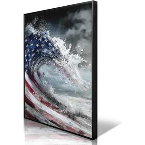 American Flag Canvas Wall Art, 4th of July Patriotic Poster Print, USA Flag Ocean Waves Abstract Picture, Modern Independence Day Wall Decor for Bedroom Living Room 16x24in Unframed