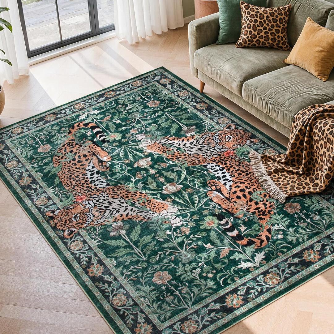 Moynesa Leopard 5x7 Area Rug, Boho Washable Living Room Rug, Non Slip Rugs for Bedroom, Ultra Thin Soft Animal Print Throw Floor Carpet for Office Dining Room, Green