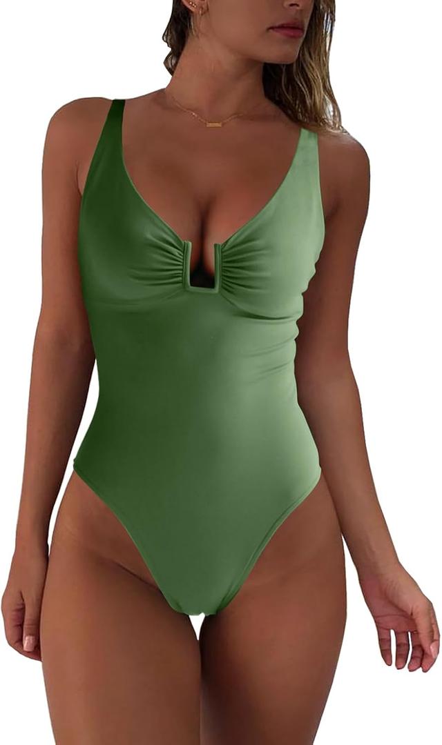 Womens One Piece Swimsuits Tummy Control U Wire Bathing Suit Ruched Push Up Swimwear High Cut Monokini (Large, Army Green)