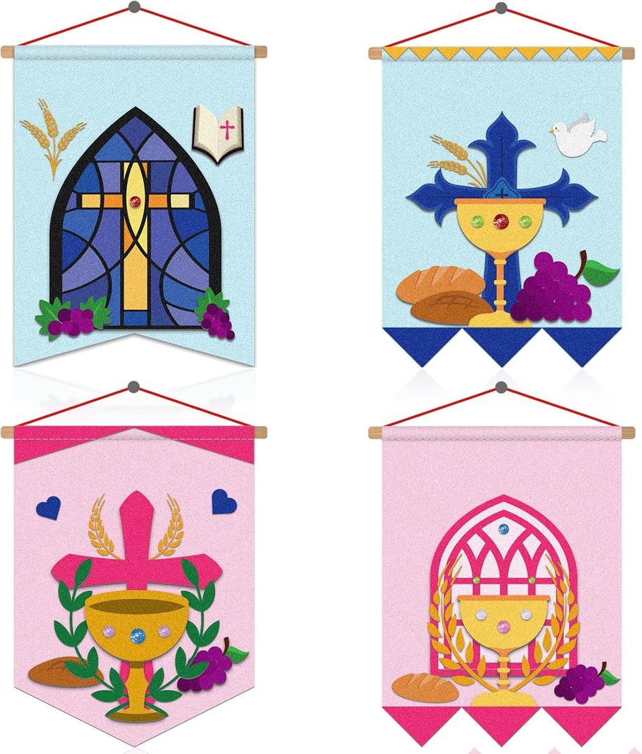 Qyeahkj 4 Sets First Communion Banner Kit for Boys Girls DIY Felt 1st Holy Communion Decorations Holy Communion Grapes Flag Crafts Church Sunday School Crafts Supplies Accessories Pew Decoration