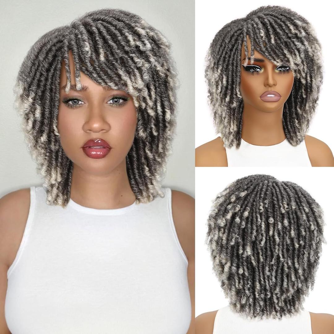 HANNE Dreadlock Wig Short Afro Faux Locs Twist Wigs for Black Women and Men Afro Curly Synthetic Wig (Gray)