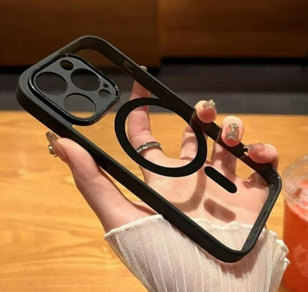 MagSafe wireless charge phone case for iPhone 16 Pro Max Plus magnetic bumper transparent cases cover, Black