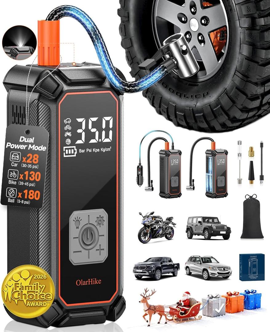 OlarHike Tire Inflator Portable Air Compressor, 9000mAh Battery Powered, 150PSI Dual Mode, Auto Air Pump for Car Tires, Motorcycle, Bicycle, Electric Pump with LED Light & Digital Pressure Gauge (9000mah with Cable (SUV&Pickup))