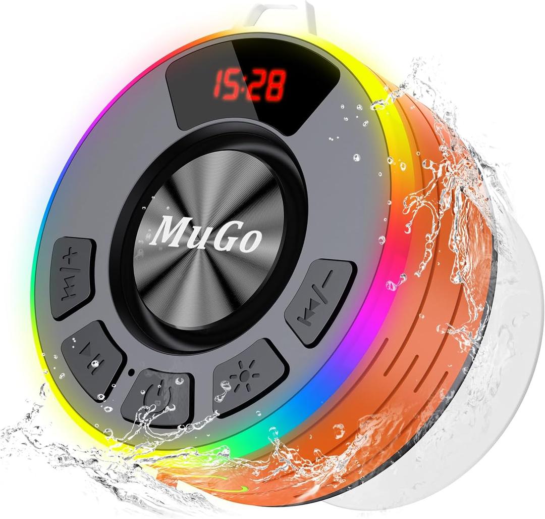 MuGo Shower Bluetooth Speaker Waterproof IPX7, 360 HD Stereo Sound Bathroom Speaker Bluetooth 5.3 with RGB Lights, Suction Cup and Microphone, Mini Shower Radio for Home/Party/Outdoor (Orange)