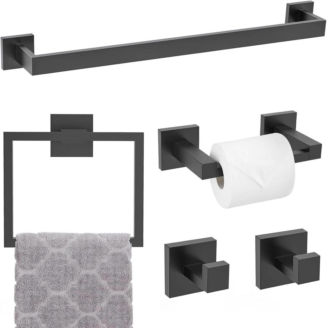 Matte Black Towel Bar Set 5-Piece Bathroom Hardware Accessories Set,23.6 Inch Modern Towel Holder Set SUS304 Stainless Steel Towel Rack Set for Bathroom,Wall-Mounted