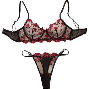 SweatyRocks Women's Valentines Lace Floral Lingerie Sets Sexy Mesh Bra and Panty Babydoll Outfits, Large
