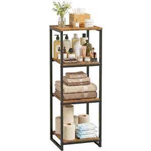 4-Tier Bathroom Shelving Unit, 33.7" H Narrow Open Floor Shelves, Metal Corner Slim Storage Rack for Bathroom Laundry Room Kitchen Living Room, Rustic Brown