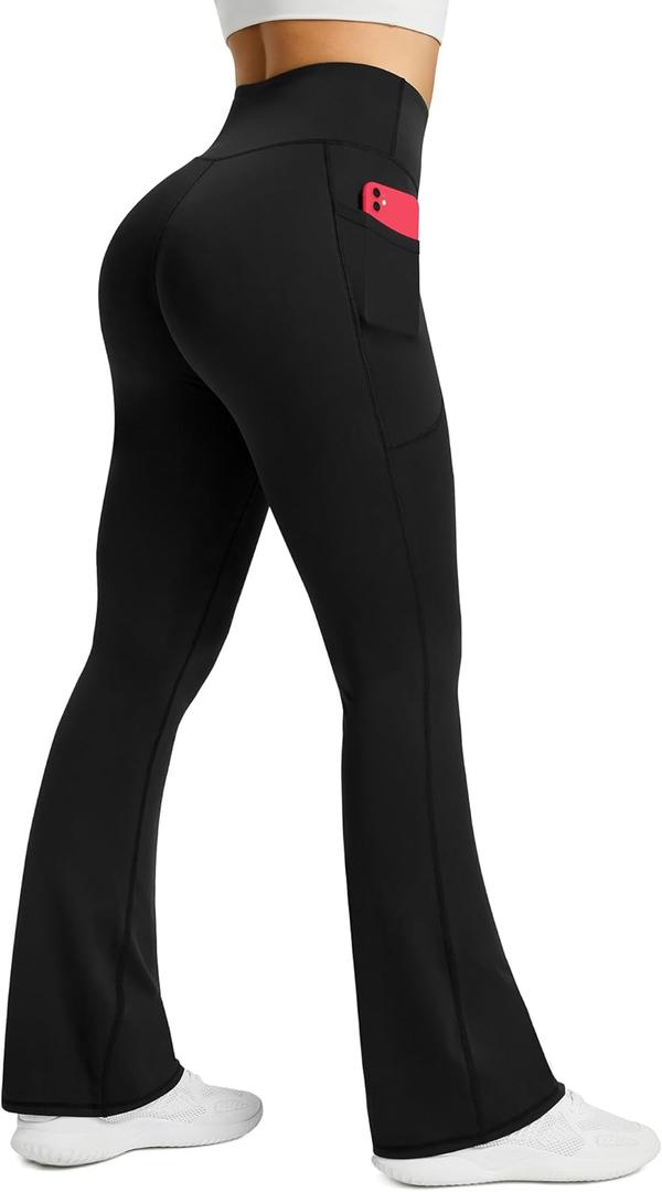 Womens Flared Yoga Pants with Pockets, High Waisted Flare Leggings Bell Bottom Bootcut Yoga Dress Pants (2XL, Black)