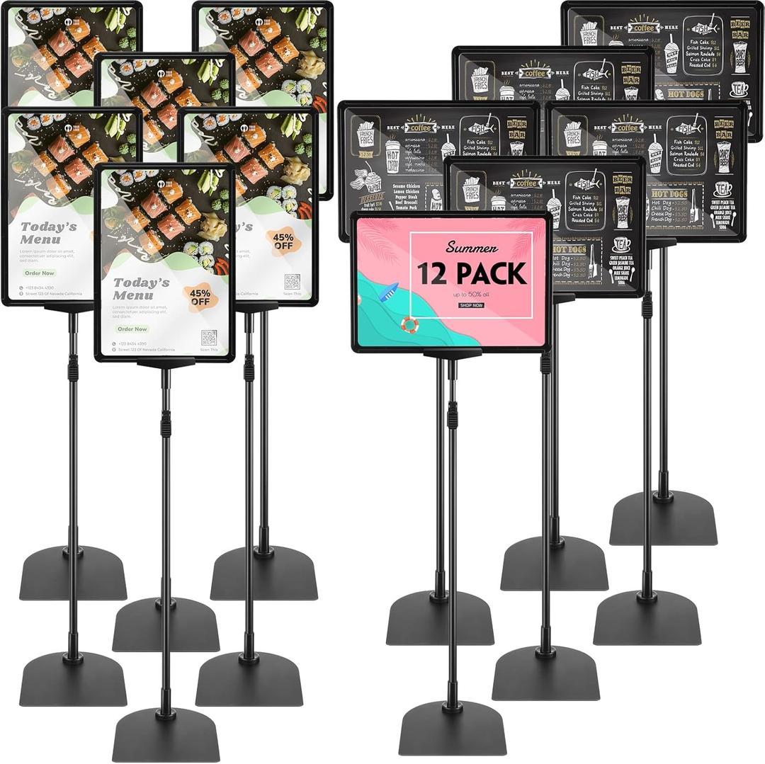 Wesiti 12 Pack Adjustable Poster Stand Holder Floor Standing Display Sign Holder for Advertising Business Menu Stand Vertical and Horizontal View Sign Displayed Black (8.5 x 11 Inch)