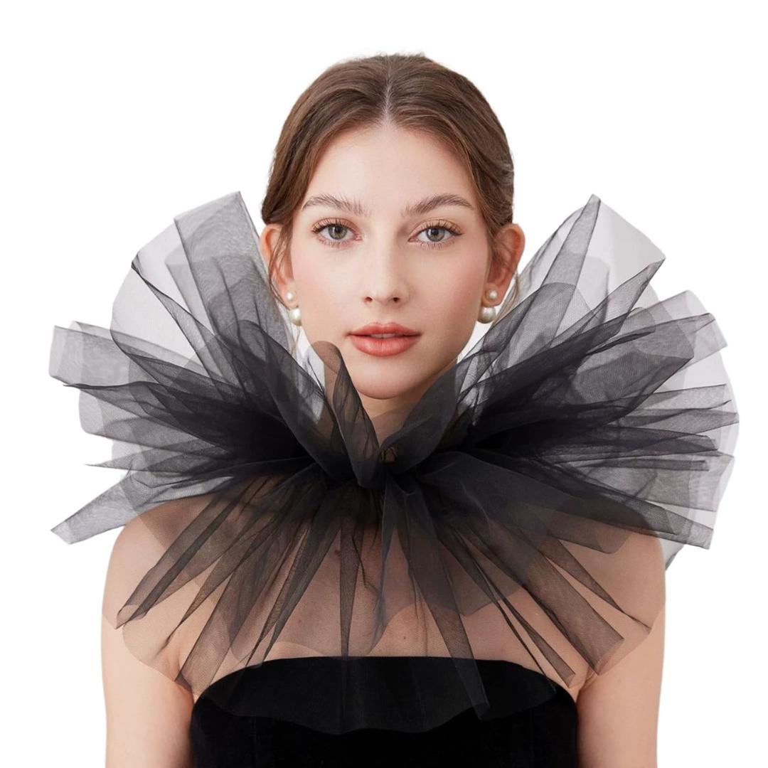BEoneBEwin Victorian Tulle Ruffle Collar, Layered Mesh Neck Ruff, Elizabethan Renaissance Halloween Costume Accessory (Black)