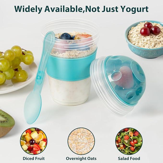 Freshmage Yogurt Parfait Cups with Lids, 20 oz Reusable Overnight Oats Containers with Lids, Topping Compartment & Spoon to Go for Breakfast Meal Prep, Portable & Lightweight (Blue&Green)