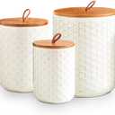 JOJUNO White Ceramic Canister Set with Wooden Lids  3-Piece Airtight Food Storage Jars for Kitchen, Embossed Design, Small/Medium/Large Sizes (30/48/82 oz)  Flour, Sugar, Coffee, Tea Containers