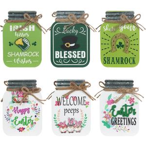 St Patricks Day Decorations & Easter Decor, DECSPAS 3 PCS Double-Sided Jar Block St Patricks Day Decor, Irish Hat Gnome Ornaments Saint Patricks Day Decorations for The Home, Table, Mantel, Shelf