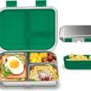BABHAMNESS Stainless Steel Bento Box Kids, 3 Compartments Leak Proof Metal Bento Lunch Box, 304 Stainless Steel Bento Lunch Containers for School and Office, Dishwasher Safe, BPA-Free-Green