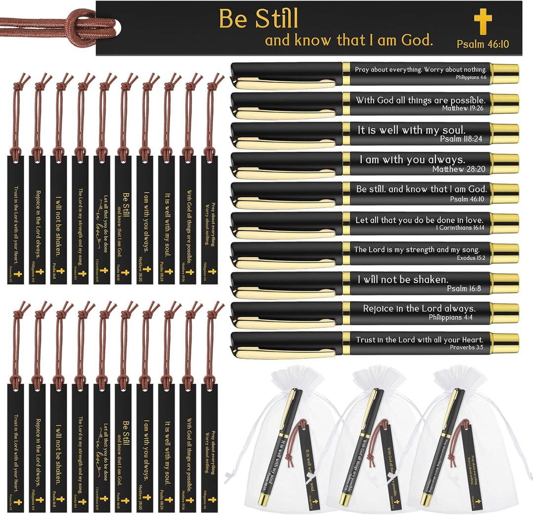 Spakon 30 Set Father's Day Christian Gifts Bulk for Men Bible Verse Pens with Religious Leather Bookmarks and Organza Bags Fathers Day Church Gifts Bulk Inspirational Ballpoint Pens for Pastor Dad
